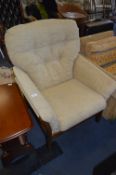 Teak Framed Light Brown Upholstered Armchair