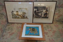 Pair of Framed Egyptian Prints and a Print on Cloth 