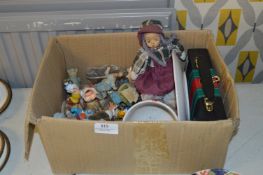 Box Containing Tetley Tea Folk, Kettles, Two Dolls and a Domino Set