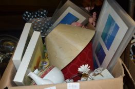 Box Containing Framed Prints, Table Lamps, Shades, Arthur Wood Teapot, Cushion, Ornaments, etc.