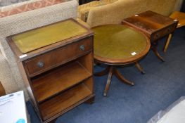 Mahogany Side Cabinet, Circular Occasional Table with Green Leather Top and Small Side Table