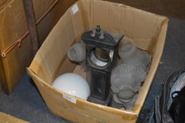 Box Containing Light Shades and Pottery Miniature Grandfather Clock Case