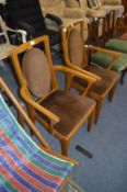 Pair Walnut Framed Brown Upholstered Dining Armchairs