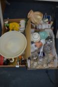 Three Boxes Containing Drinking Glassware, Ornaments, Rolling Pins, Table Lamp, Blender, etc.