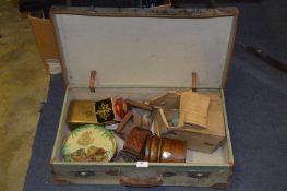 1950's Demob Suitcase and Contents; Biscuit Barrel, Vintage Tin Mincer, Irons, etc.