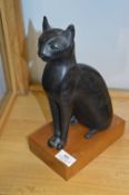 Egyptian Style Pottery Cat on Wooden Plinth
