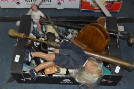 Box Containing Pottery Dolls, Brass Garden Sprayer, etc.
