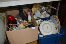 Three Boxes Containing a Large Quantity of Ornaments, Clocks, Hairdryer, Dinnerware, etc.