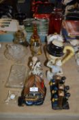 Table Lot; Glassware, Character Jug, Wade Bell, Pottery Clock, Table Lamp, etc.