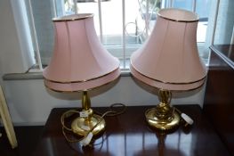 Pair of Brushed Brass Table Lamps with Pink Shades