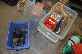 Three Plastic Tubs Containing Motoring Accessories, Bottle Jacks, Hinges, Tins, etc.