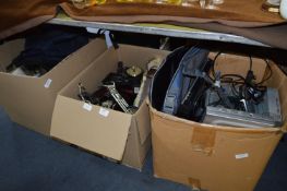 Three Boxes Containing Assorted Decorative Ornaments, Clock, DVD Player, Car Radio, Mugs, Karaoke