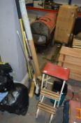 60's Stepstool, Sweeping Brushes, Roll of Material, etc.