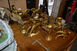 Large Collection of Brass Ornaments; Horses, Dolphins, etc.