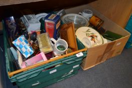 Two Boxes Containing Dinnerware, Mixing Bowls, Ornaments, etc.