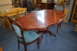 Italian Style Mahogany Inlaid Dining Table on Pedestal Base with Two Dining Chairs