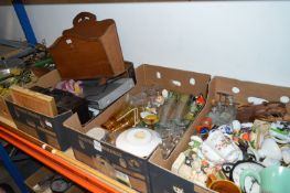 Four Boxes Containing Ornaments, Drinking Glassware, Oak Magazine Rack, Mini Hi Fi, Stainless