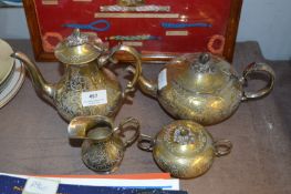 Engraved Indian Brass Four Piece Tea Set