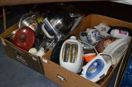 Two Boxes of Kitchenware, Toasters, Stainless Steel Pans, Iron, Glassware, etc.