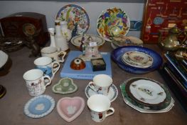 Table Lot; Decorative Wall Plates, Ornaments, Wedgwood, etc.