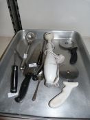 Large Aluminium Tray Containing Pizza Cutters, Hand Blender, Chefs Knives, etc.