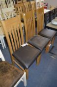 *Set of Three Oak Slatback Dining Chair Brown Faux Leather Seats