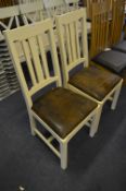 *Pair of Cream Painted Slatback Dining Chair with Brown Leather Seats