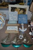 Collection of Beach Themed Plaques; Sailing Boat, Windchime and Print