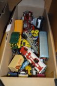 Box of Diecast Vehicles; Trucks, Fire Engines, Buses, etc.