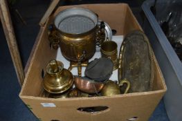 Box Containing Brassware, Oil Lamps, Drinking Vessels and a Samovar