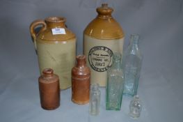 Two Stoneware Bottles and Glass Bottles