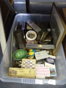 Box Containing an Assortment of Cutlery, Playing Cards, Goggles, Print, Coinage, Pewter Mug, etc.