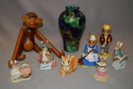 Royal Doulton Bunnykins Ornaments and Other Beatrix Potter Ornaments, Wooden Monkey and a Vase