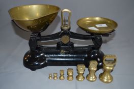 Pair of Libra Cast Iron Scales with Brass Pans and Weights