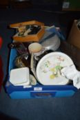 Box Containing Brass Jam Pan, Cribbage Board, Glass Vase, Diecast Vehicles, Bakelite Hair Dryer,