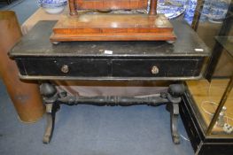 Black Painted Pine Side Table with Two Drawers on Stretcher Base