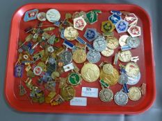 Tray containing a Large Collection of Eastern European Pin Badges, Athletics, etc.