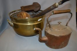 Large Brass Jardiniere, Copper Kettle, Bed Warmer, Rattle and a Trap