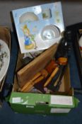Box Containing African Carved Wood Figures, Cheese Dish, Bike Lamp and Wedgwood Peter Rabbit