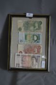 Framed British Notes £1 Joe Page, 10 Shillings and a £10 G.M. Gill