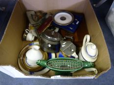Box Containing Tin Money Box, Walnut Box, Plated Teapot, Vases, Dinnerware, etc.
