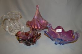 Coloured Glassware Basket, Bowls and a Glass Jug