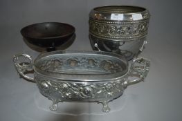 Chrome Embossed Jardiniere, Plant Pot and Bakelite Fruit Bowl