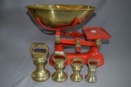 Large Cast Iron Scales with Brass Pan and Four Brass Bell Weights