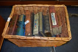 Cane Basket and Contents; Collection of Vintage Books