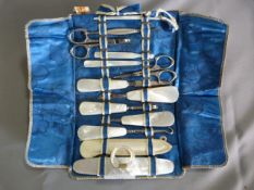 Needlework Case with Mother of Pearl Handled Tools
