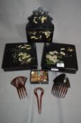 Japan Black Lacquered Trinket Boxes, Wall Mounted Letter Rack and a Small Box of Costume Jewellery