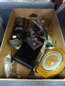 Box Containing Murano Cockerel, Japan Lacquered Tray Set, Glassware, Clock, etc.