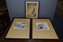 Two Framed Ink Drawings and a Watercolour 