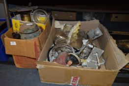 Two Boxes Containing Gas Lamp Ceiling Fittings with Shades, Paraffin Lamp, Stove, etc.